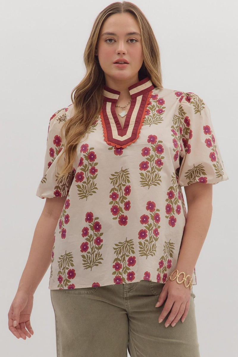 Fall Floral Blouse w/ Trim Detail