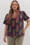 Fall Floral Blouse w/ Trim Detail