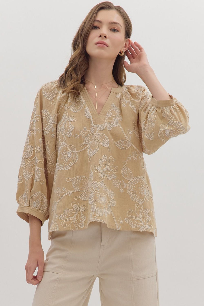 Embroidered Botanical 3/4 Sleeve Blouse