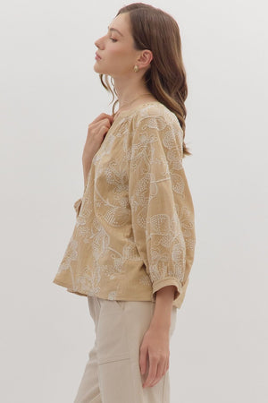 Embroidered Botanical 3/4 Sleeve Blouse