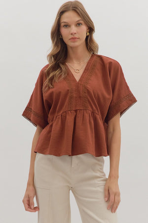 Ellie Perplum Top w/ Lace Trim Detail