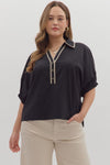 Black button Blouse w/ Vneck Accent