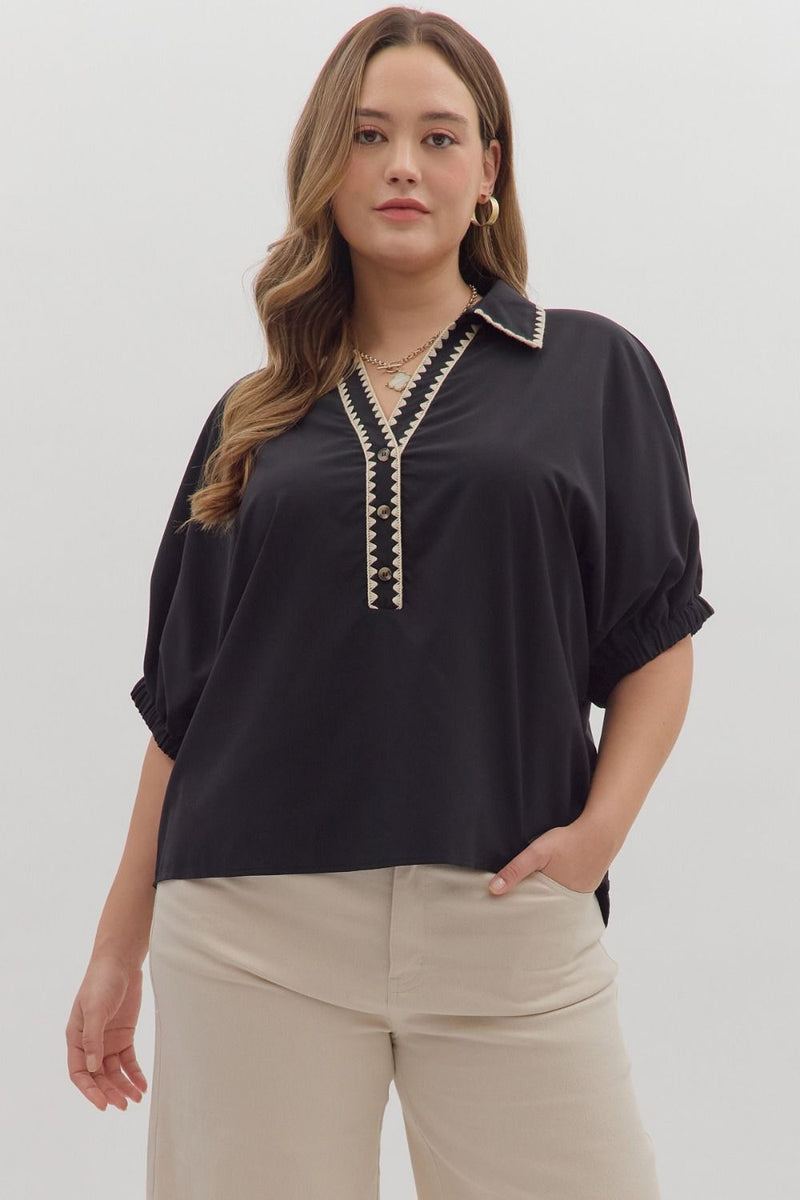 Black button Blouse w/ Vneck Accent