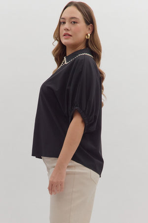 Black button Blouse w/ Vneck Accent