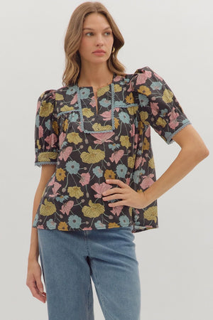 Bethany Floral Blouse w/ Trim Detail