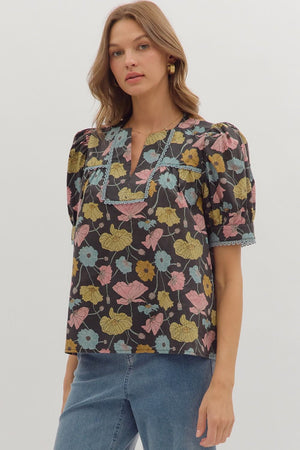 Bethany Floral Blouse w/ Trim Detail