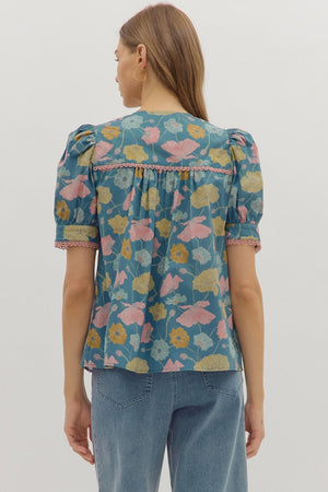 Bethany Floral Blouse w/ Trim Detail