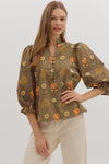 Olive Floral and Paisley Button Detail Blouse