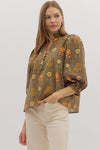Olive Floral and Paisley Button Detail Blouse