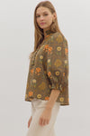Olive Floral and Paisley Button Detail Blouse
