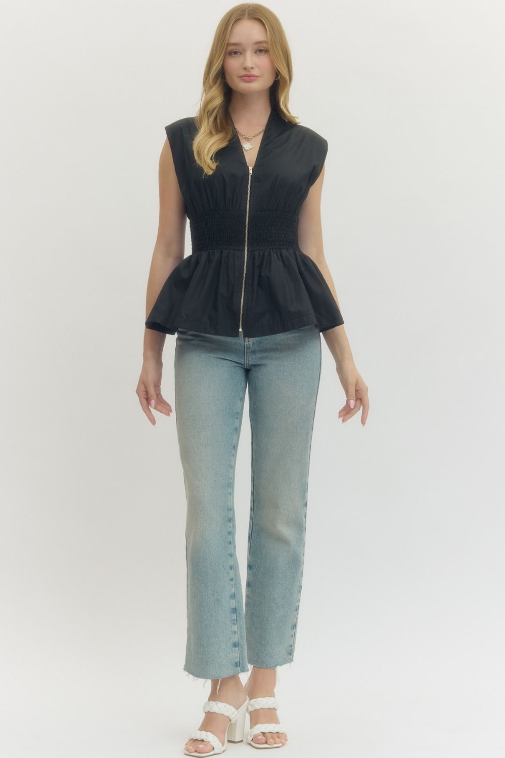 Black Zip Front Sleeveless Blouse