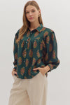 Hunter Green Floral Button Front Blouse