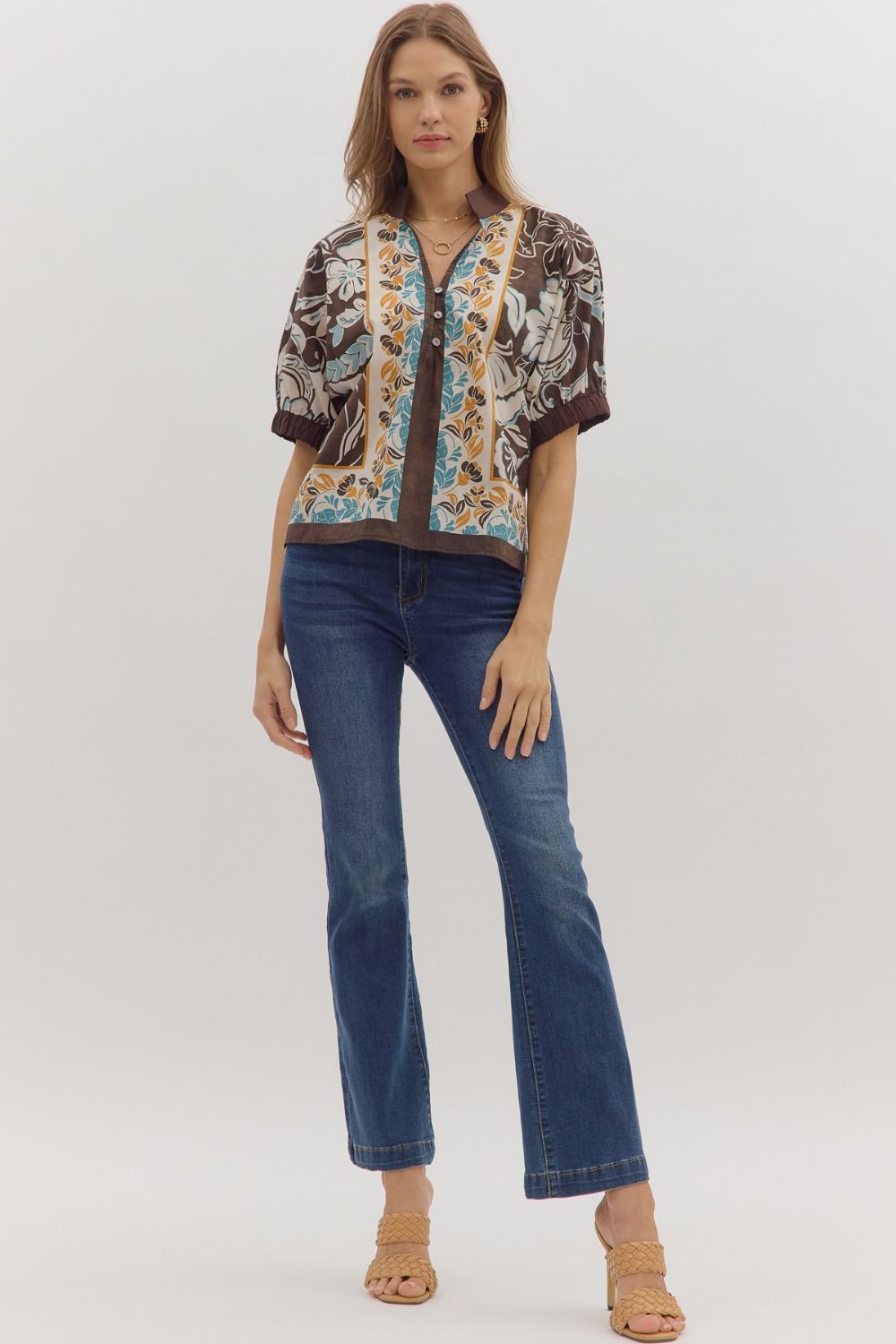 Chocolate Trim Floral Blouse