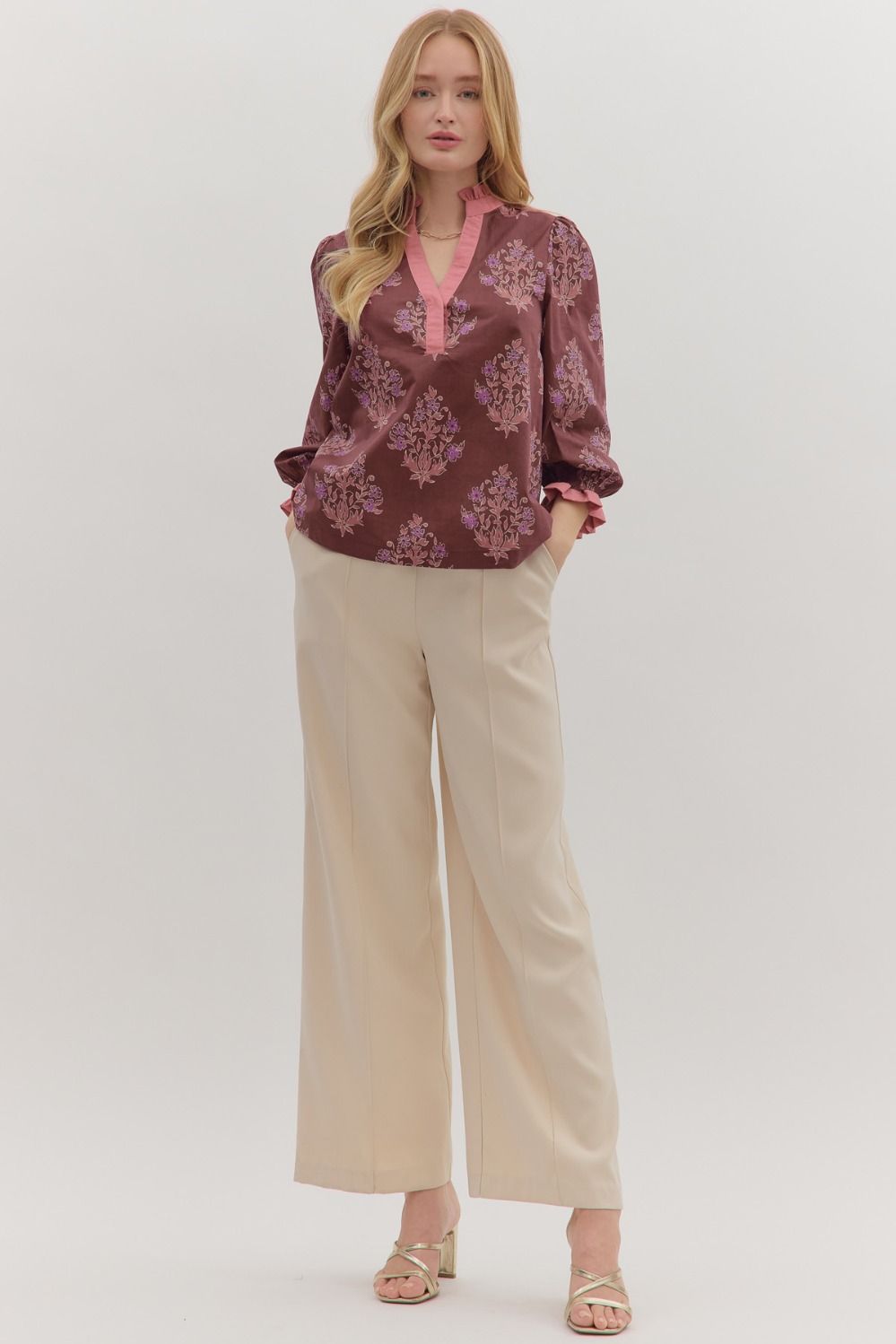 Burgundy 3/4 Sleeve Floral Blouse