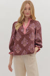 Burgundy 3/4 Sleeve Floral Blouse