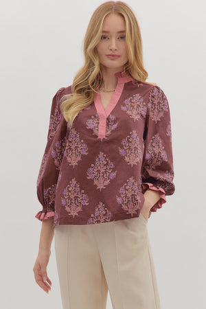 Burgundy 3/4 Sleeve Floral Blouse