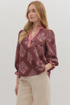Burgundy 3/4 Sleeve Floral Blouse