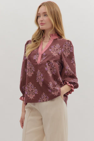 Burgundy 3/4 Sleeve Floral Blouse