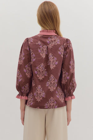 Burgundy 3/4 Sleeve Floral Blouse