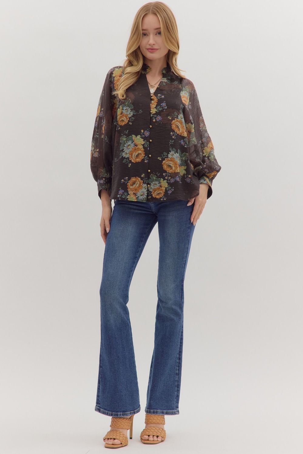 Long Sleeve Floral Button Front Blouse