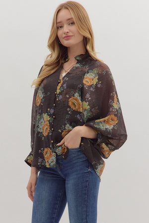 Long Sleeve Floral Button Front Blouse