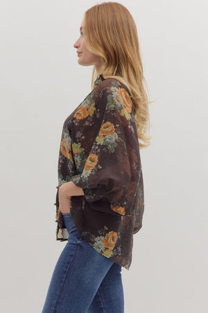 Long Sleeve Floral Button Front Blouse