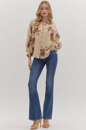 Long Sleeve Floral Button Front Blouse