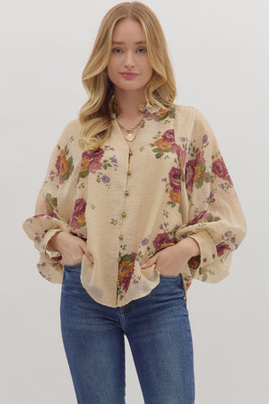 Long Sleeve Floral Button Front Blouse