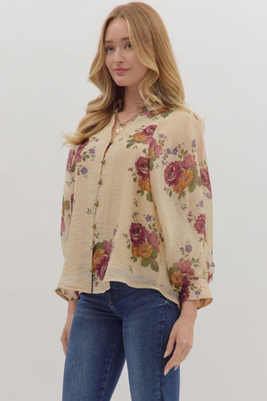 Long Sleeve Floral Button Front Blouse