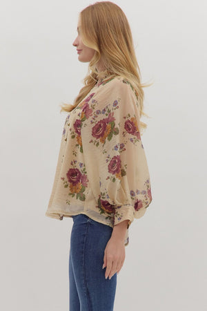 Long Sleeve Floral Button Front Blouse