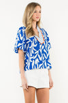 THML Bright Blue Print Blouse