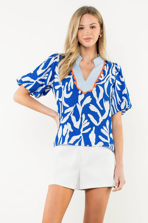THML Bright Blue Print Blouse