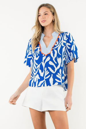 THML Bright Blue Print Blouse