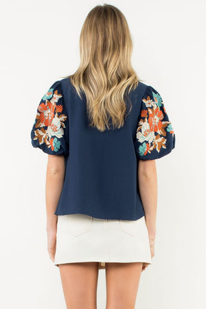 THML Navy Fall Embroidered Blouse