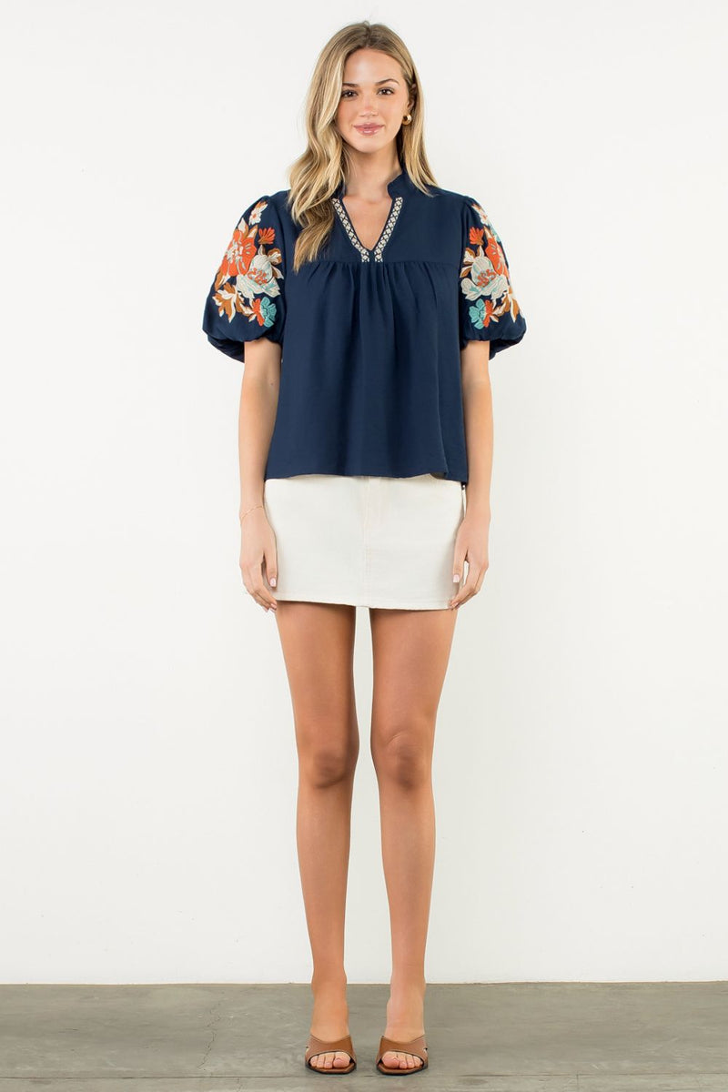 THML Navy Fall Embroidered Blouse