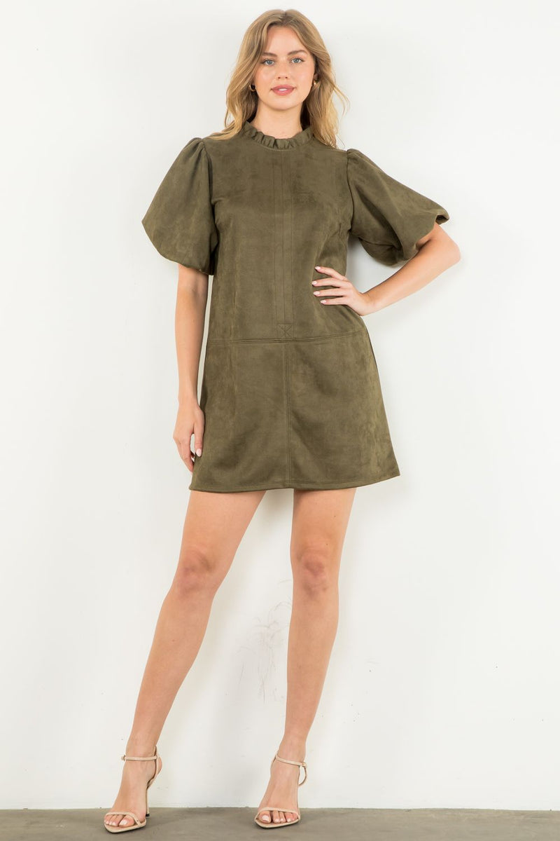 THML Olive Puff Sleeve Suede Dress