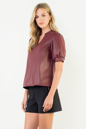 THML Puff Sleeve Pleather Top