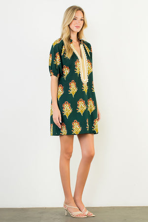 THML Hunter Green Floral Stripe Vneck Dress