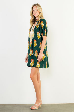 THML Hunter Green Floral Stripe Vneck Dress