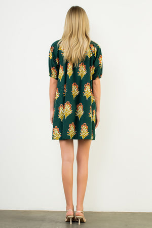 THML Hunter Green Floral Stripe Vneck Dress