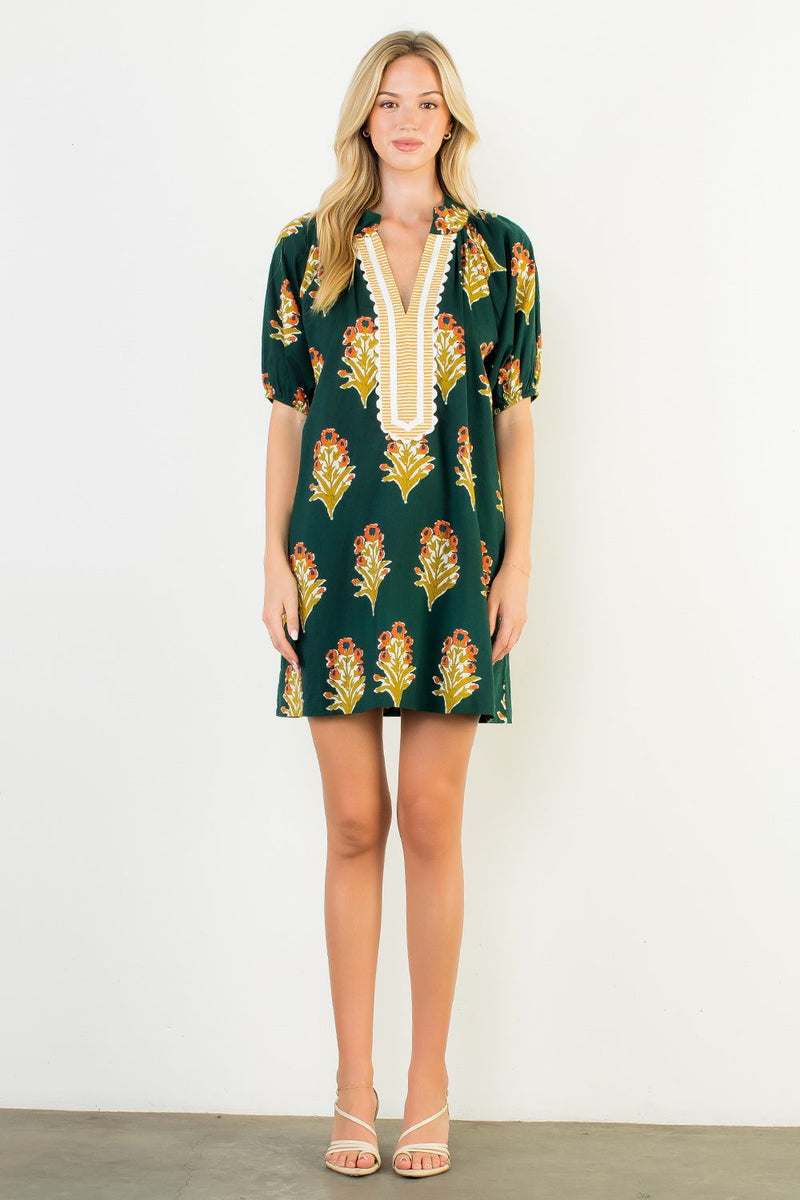 THML Hunter Green Floral Stripe Vneck Dress