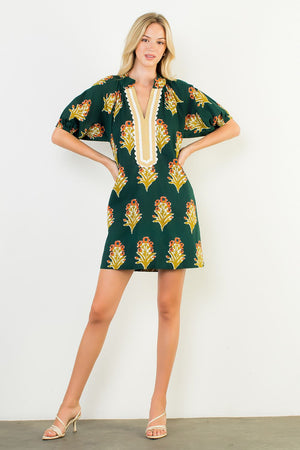 THML Hunter Green Floral Stripe Vneck Dress