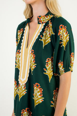 THML Hunter Green Floral Stripe Vneck Dress