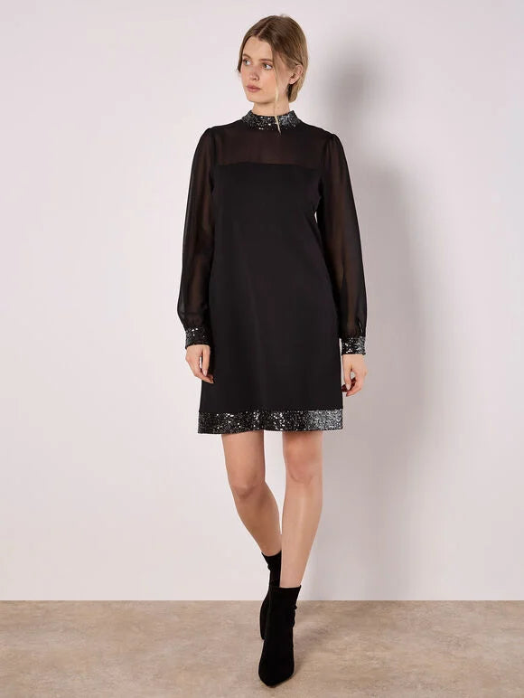 Sheer Sleeve Sequin Trim Detail Dress