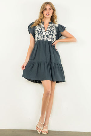 THML Navy Embroidered Mini Dress