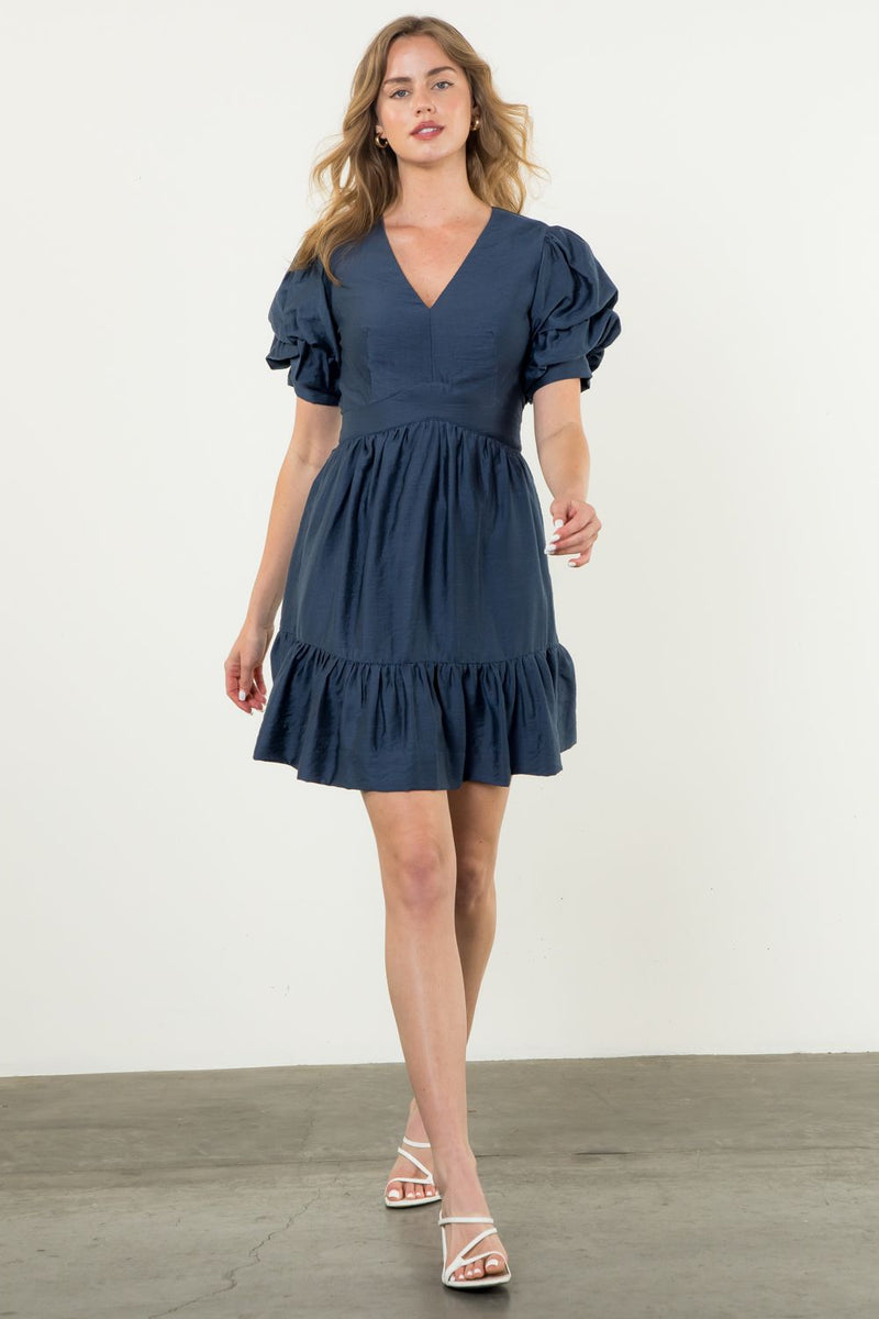 THML Navy puff sleeve dress w/ front detail