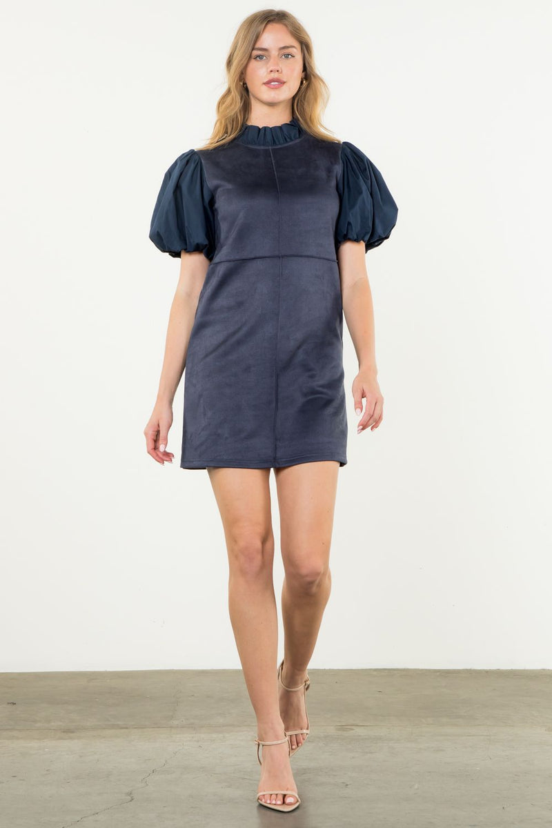 THML Navy Suede Mixed Media Dress