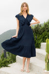 THML Flutter Sleeve Textured Navy Midi
