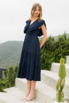 THML Flutter Sleeve Textured Navy Midi