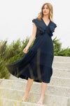 THML Flutter Sleeve Textured Navy Midi